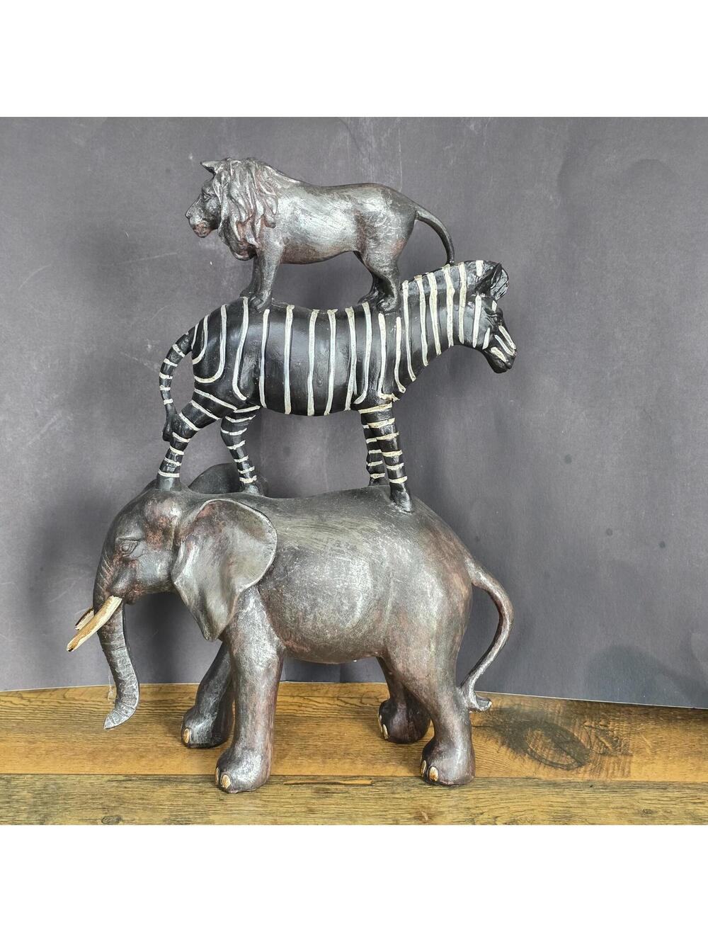 African Elephant Zebra & Lion Stacked Safari Sculpture Animal Totem 14" Rustic